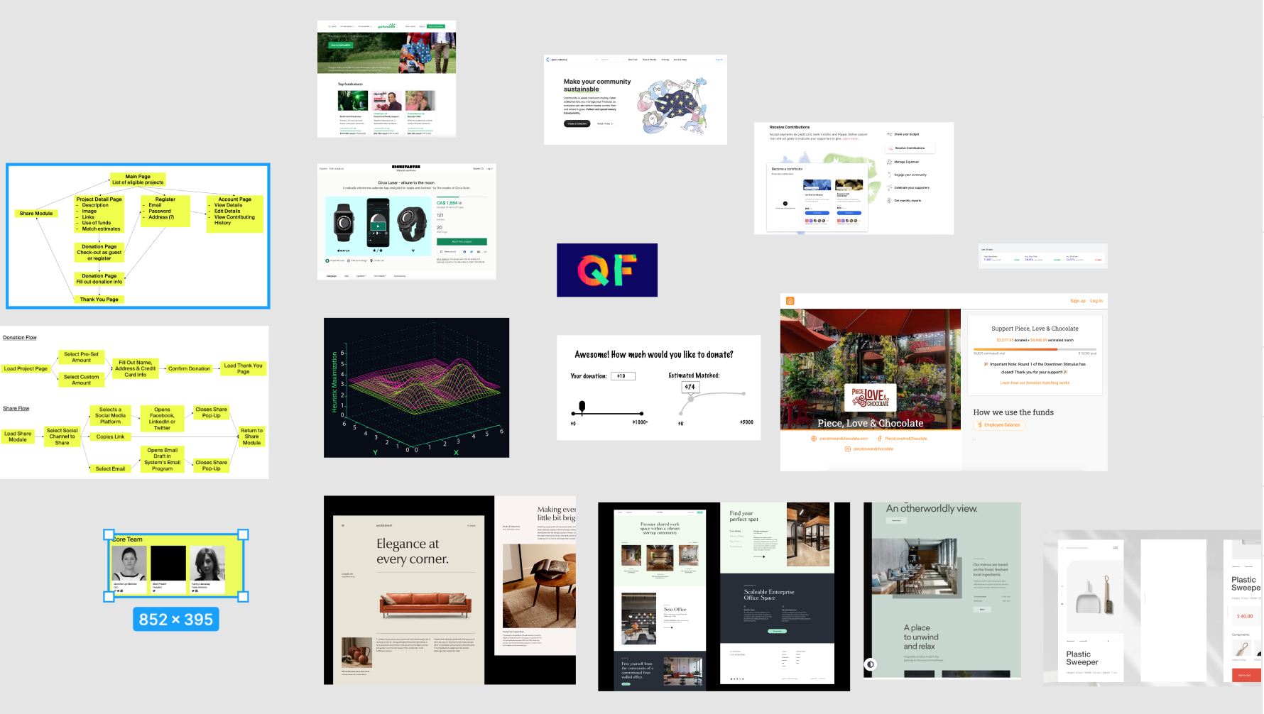 a scattered collection of screenshots on a zoomed out figma canvas